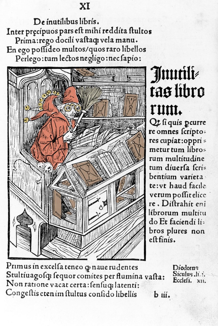 Savant له مكتبه. إنه يرتدي زوج من النظارات. Xylography of Durer في "" das narrenschiff "" لسيباستيانو براندت. بواسطة ألبريشت دورر