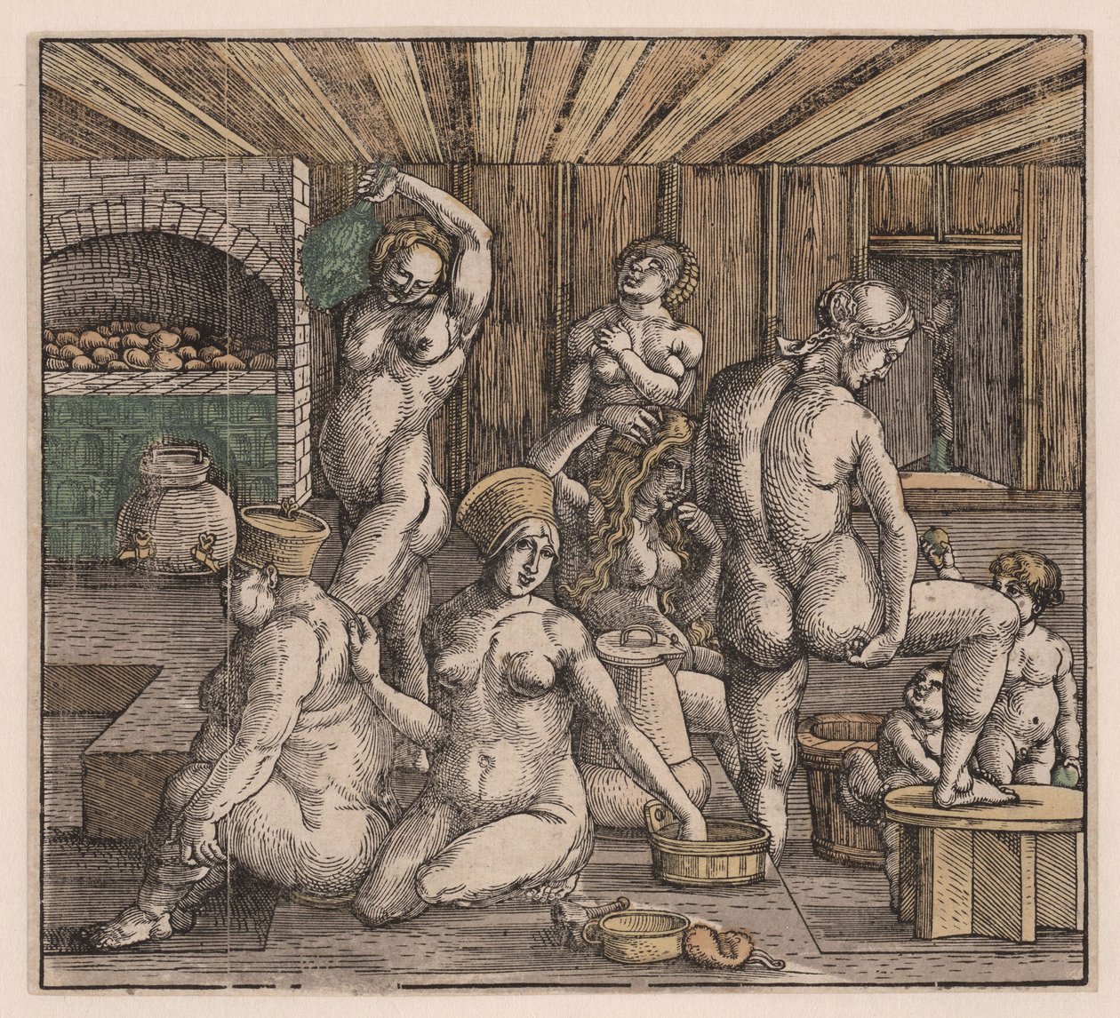 حمام النساء ، لدويرر ، ألبريشت (1471-1528). نقش خشبي ، ألوان مائية ، ج. 1500. الأبعاد: 21.8x23.9 سم. مجموعة خاصة بواسطة ألبريشت دورر
