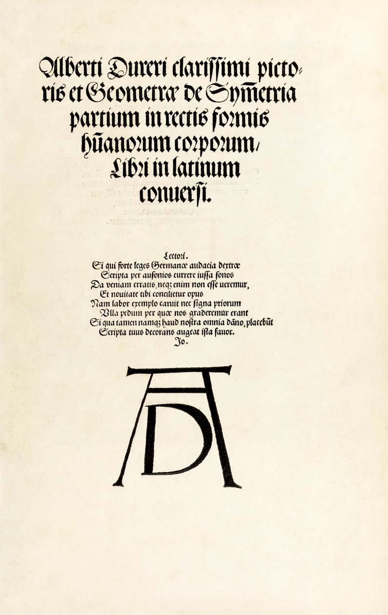 صفحة العنوان التي تظهر حرف واحد فقط من نقش Durer الخشبي من "Hierinn مفهومة لأربعة كتب ذات نسبة بشرية" بواسطة ألبريشت دورر
