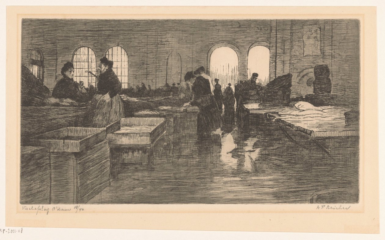 الجزء الداخلي من Vismarkt في Nieuwmarkt في أمستردام Vischafslag Amsterdam (العنوان الأصلي على الكائن) بواسطة ألبريشت فيليكس ريشر (توقيع الفنان)