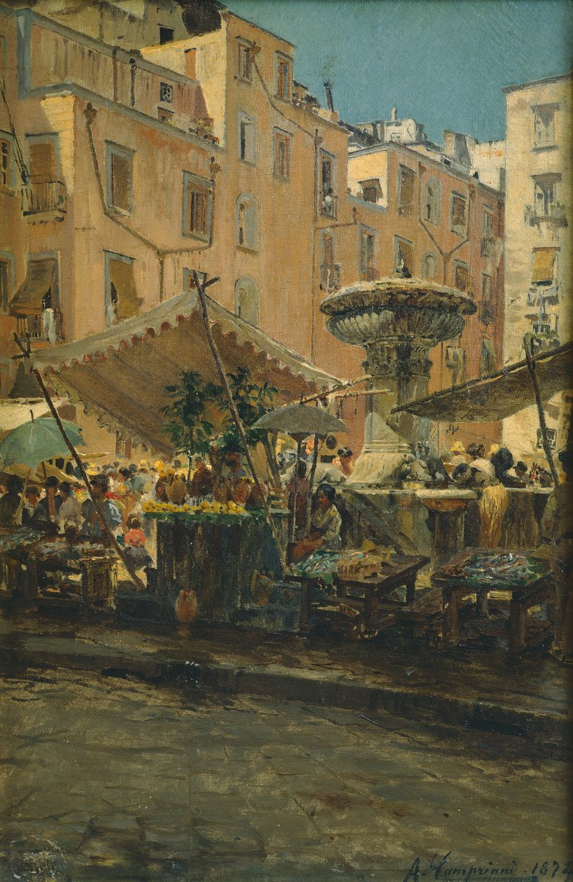 The Fountain of Spells in the Basso Porto district of Naples (oil on canvas) بواسطة ألسيست كامبرياني