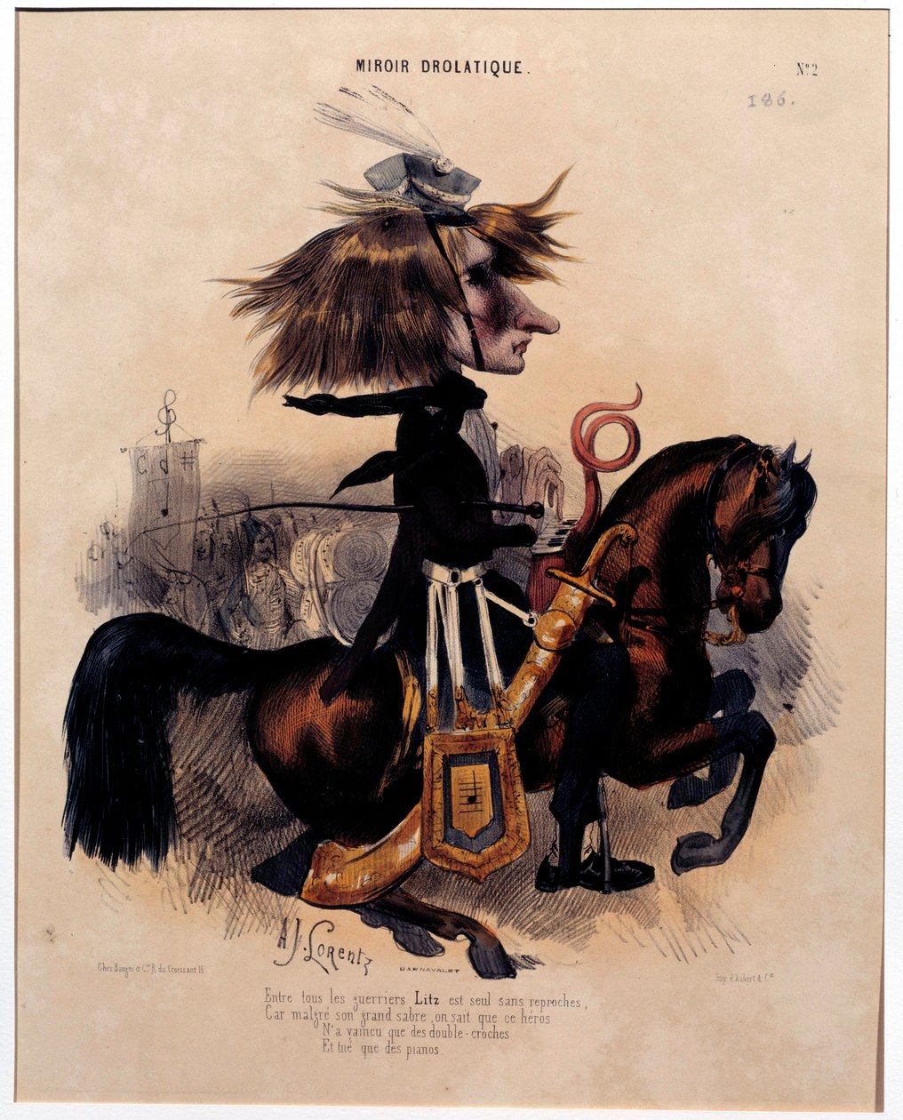 رسم كاريكاتوري يصور الملحن فرانز ليزت (1811-1886) بواسطة ألكيد جوزيف لورنتز (1813-1858) من "" المرآة الدرولاتية "" 1842 باريس ، متحف كارنافالي بواسطة ألسيد جوزيف لورنتز