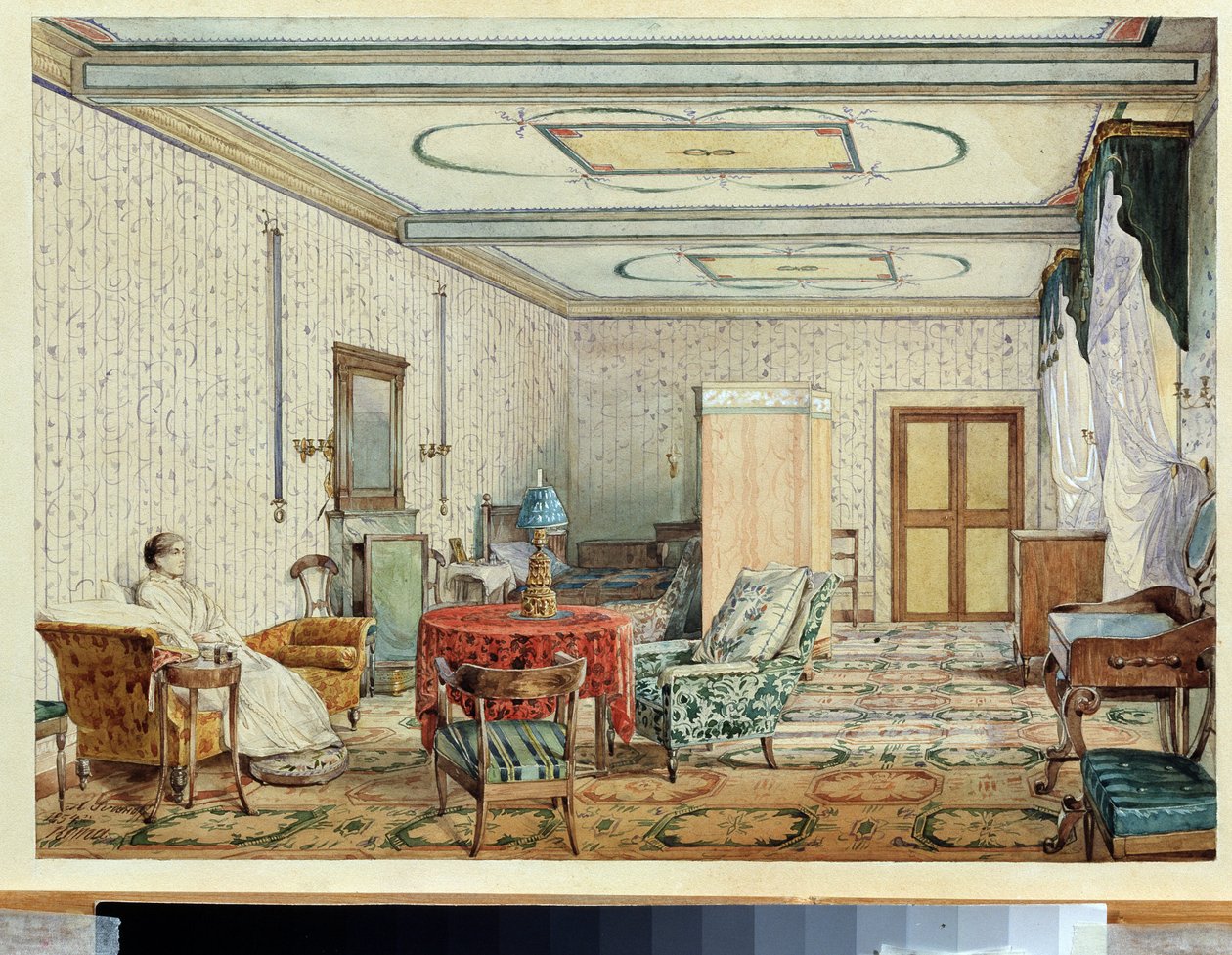 داخلي (داخلي). عمل ألكسندر أندرييفيتش إيفانوف (1806-1858) ، ألوان مائية وأبيض على ورق ، فن روسي في القرن التاسع عشر. متحف الدولة للفنون ، نيجني نوفغورود (روسيا) بواسطة ألكسندر أندرييفيتش إيفانوف