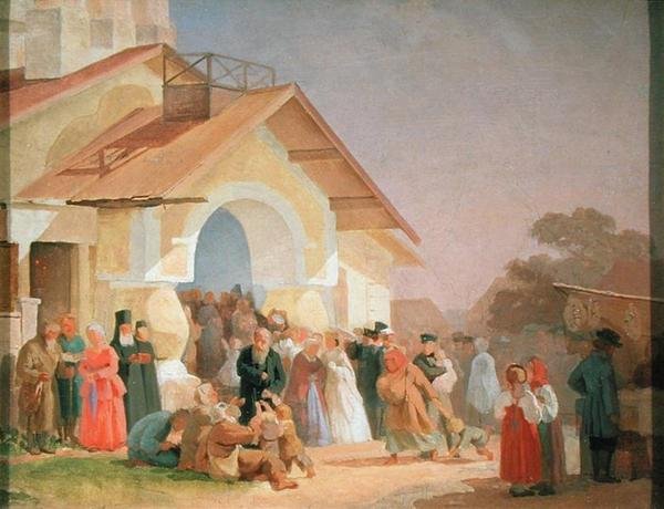 الخروج من كنيسة في بسكوف ، 1863-1864 بواسطة ألكسندر إيفانوفيتش موروزوف