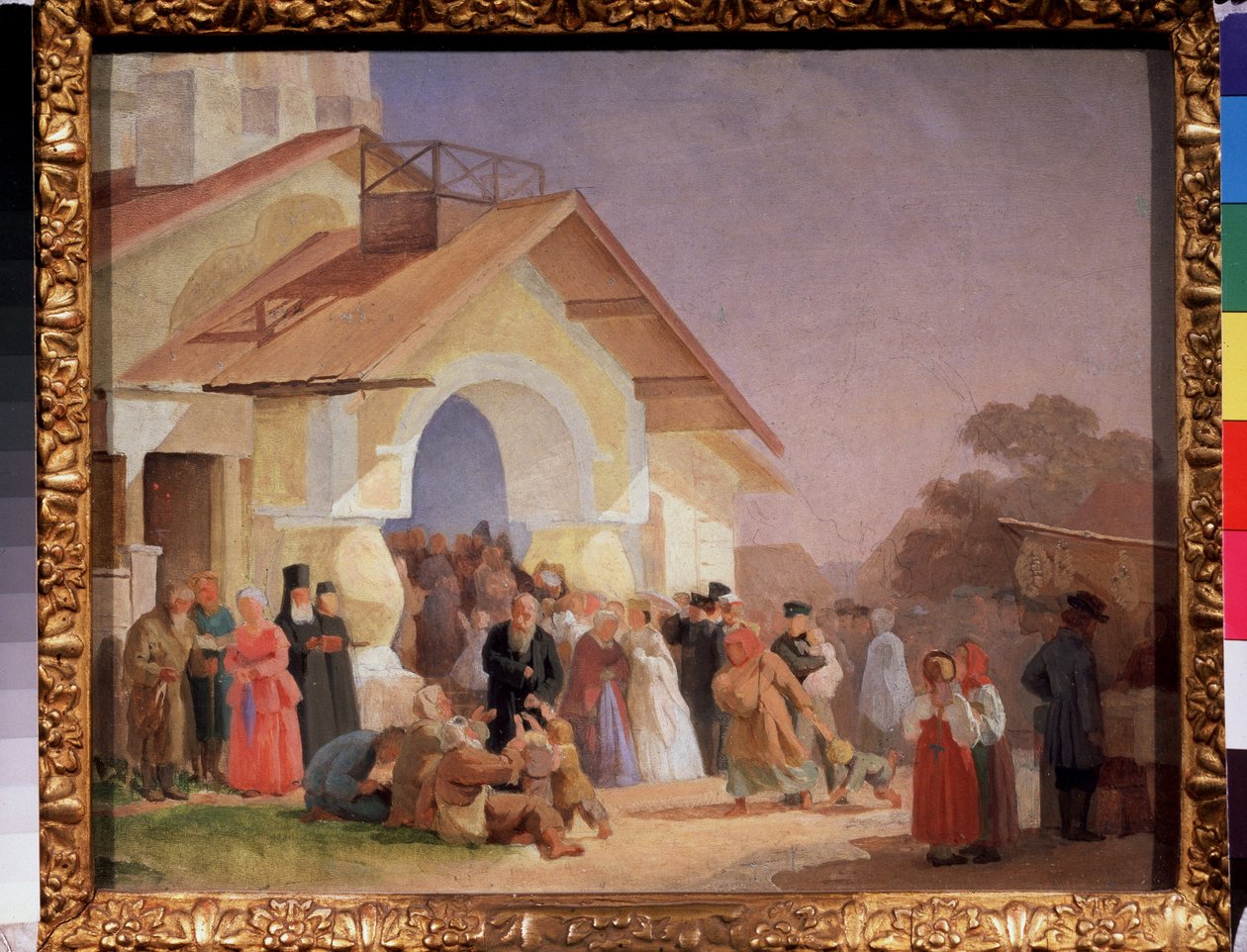 الخروج من كنيسة في بسكوف (روسيا). لوحة الكسندر إيفانوفيتش موروزوف (1835-1904) ، زيت على قماش بواسطة ألكسندر إيفانوفيتش موروزوف