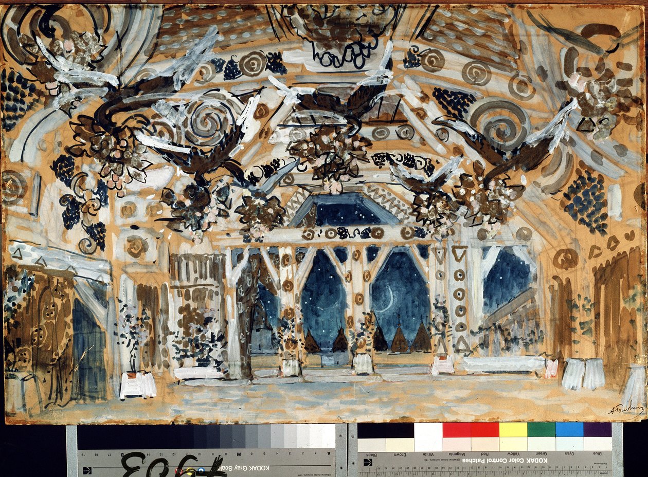 Decor pour la piece de theatre La Dame de la Mer de Henrik (Henri) Johan Ibsen (1828-1906) (تصميم مسرحي لمسرحية The Lady from the Sea للمخرج H. Ibsen). Oeuvre de Alexander Yakovlevich Golovin (Alexandre Golovine) (1863-1930) ، كرتون باستيل سور بواسطة ألكسندر ياكوفليفيتش جولوفين