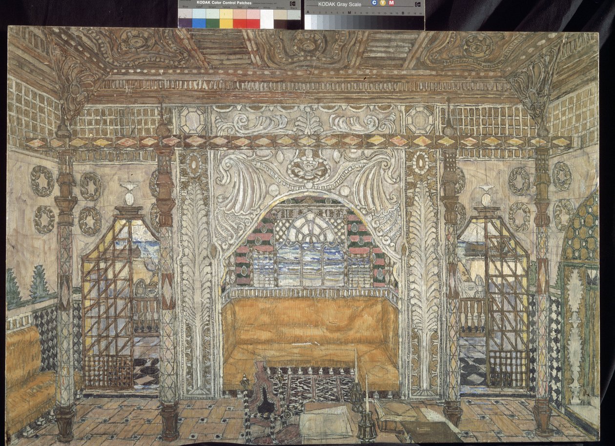 إعداد الديكور من أجل القطعة "عطيل" "دي ويليام شكسبير (1564-1616) (تصميم مسرحي لمسرحية عطيل من تأليف ويليام شكسبير) - بينتور دي ألكسندر ياكوفليفيتش جولوفين (ألكسندر جولوفين) (1863-1930) ، تمبرا سور بوا بواسطة ألكسندر ياكوفليفيتش جولوفين