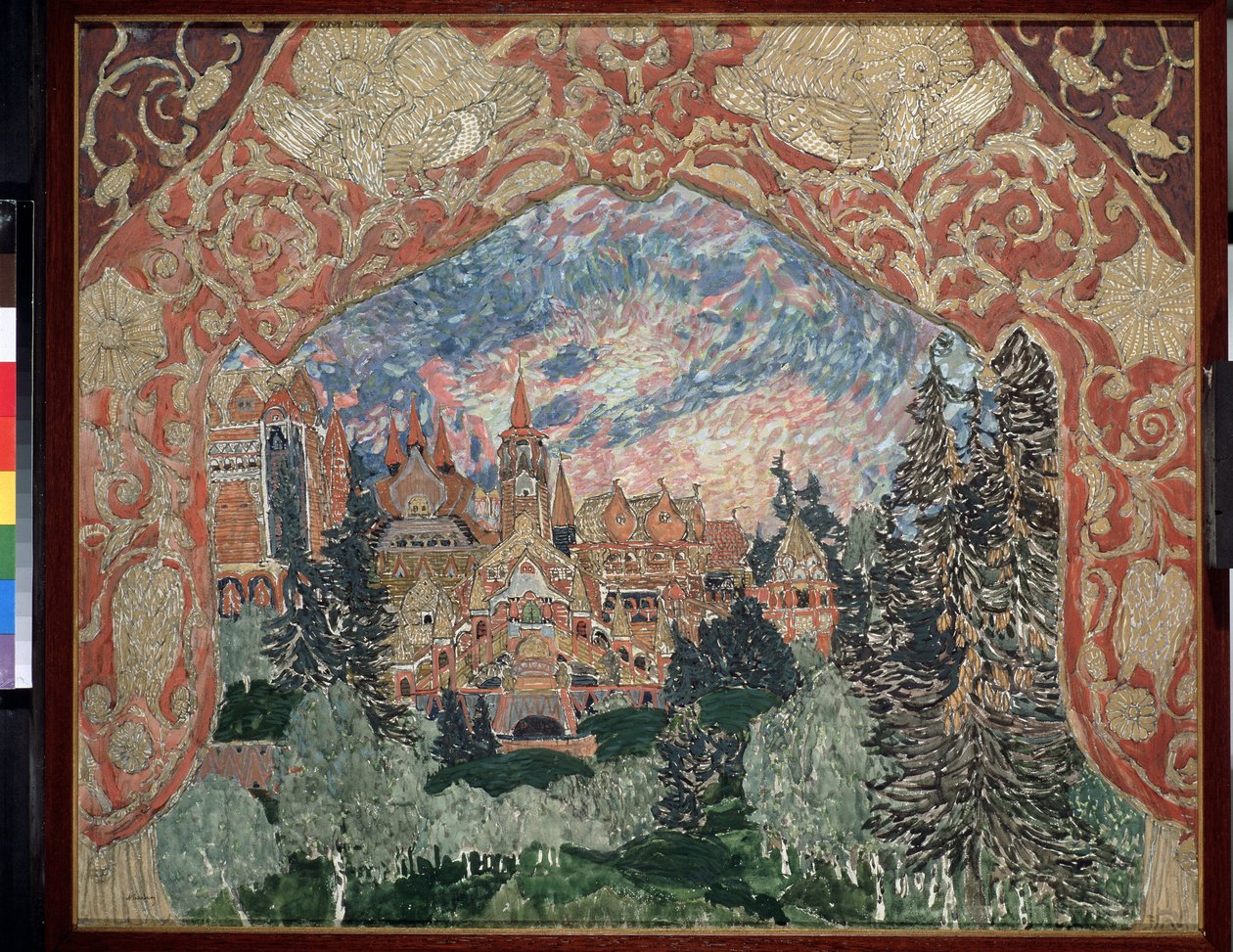 ديكور تحضيري لأوبرا المرآة السحرية لـ Arseni Korechchenko (1870-1921) (تصميم المسرح للأوبرا The Magic Mirror بواسطة A.Koreshchenko). وصف لمدينة روسية في الغابة محاطة بستائر مزخرفة. عمل فني من قبل الكسندر ياكوفليفيتش بواسطة ألكسندر ياكوفليفيتش جولوفين