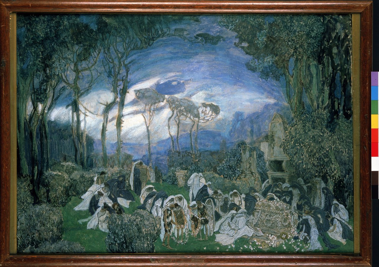 ديكور تحضيري لأوبرا Orphee et Eurydice لكريستوف ويليبالد غلوك (1714-1787) (تصميم مسرحي لأوبرا أورفيو ويوريديس من تأليف تش. غلوك). عمل الكسندر ياكوفليفيتش جولوفين (الكسندر جولوفين) (1863-1930) ، الغواش والباستيل على قماش بواسطة ألكسندر ياكوفليفيتش جولوفين