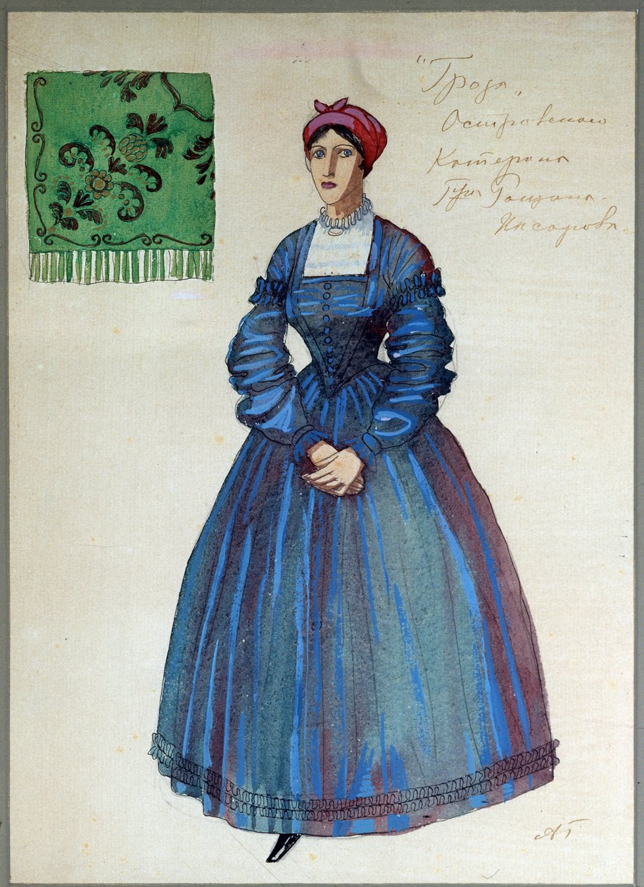 تصميم أزياء مسرحية The Storm للمخرج ألكسندر أوستروفسكي (1823-1886) (تصميم أزياء لمسرحية The Storm للمخرج A.Ostrovsky). عمل ألكسندر ياكوفليفيتش جولوفين (ألكسندر جولوفين) (1863-1930) ، قلم رصاص وحبر وألوان مائية وغواش وذهب على ورق بواسطة ألكسندر ياكوفليفيتش جولوفين