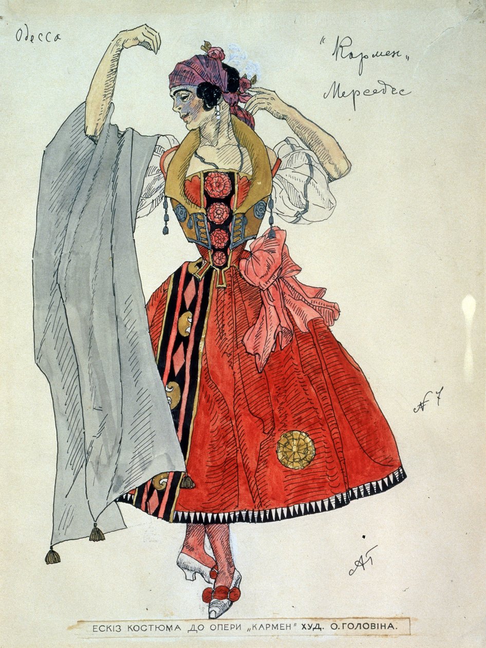 تصميم أزياء أوبرا كارمن لجورج بيزيه (1838-1875) (تصميم أزياء لأوبرا كارمن لجي بيزيت). عمل ألكسندر ياكوفليفيتش جولوفين (ألكسندر جولوفين) (1863-1930) ، حبر وألوان مائية على ورق بواسطة ألكسندر ياكوفليفيتش جولوفين
