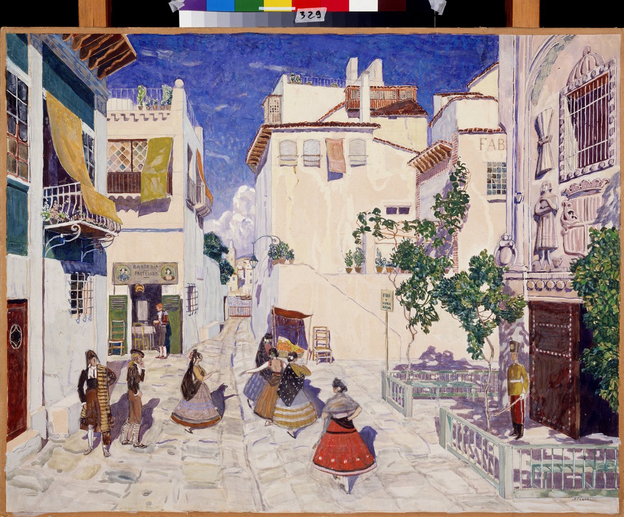 Une rue a Seville (إسبانيا) ، ديكور لأوبرا Carmen لجورج بيزيه (1838-1875) (شارع في إشبيلية ، تصميم مسرحي لأوبرا كارمن لجي بيزيت). عمل ألكسندر ياكوفليفيتش جولوفين (ألكسندر جولوفين) (1863-1930) ، تمبرا على ورق بواسطة ألكسندر ياكوفليفيتش جولوفين