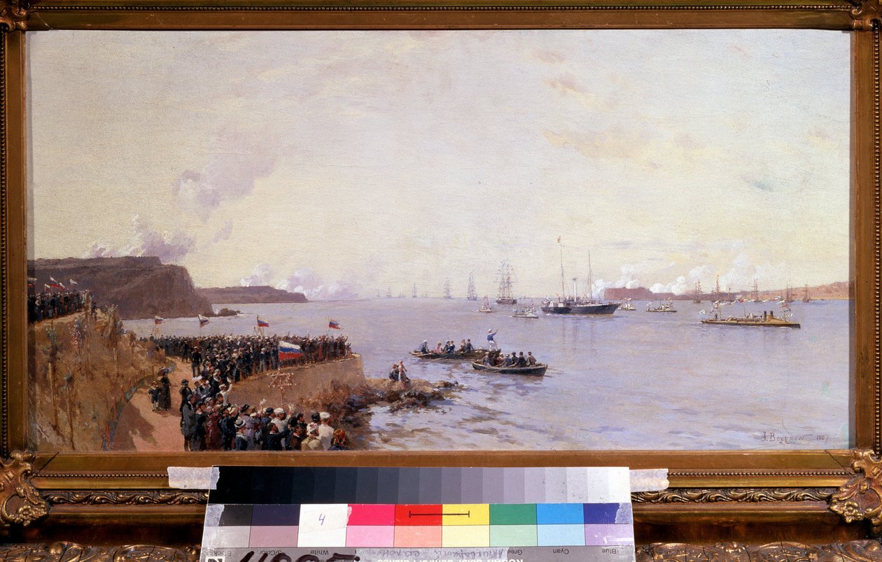 وصول الإمبراطور ألكسندر الثالث ملك روسيا (1845-1894) إلى سيباستوبول (وصول الإمبراطور ألكسندر الثالث إلى سيفاستوبول). لوحة ألكسندر كارلوفيتش بيجروف (1841-1914). زيت على قماش ، ٤٠ × ٨٥ سم بواسطة ألكسندر كارلوفيتش بيجروف