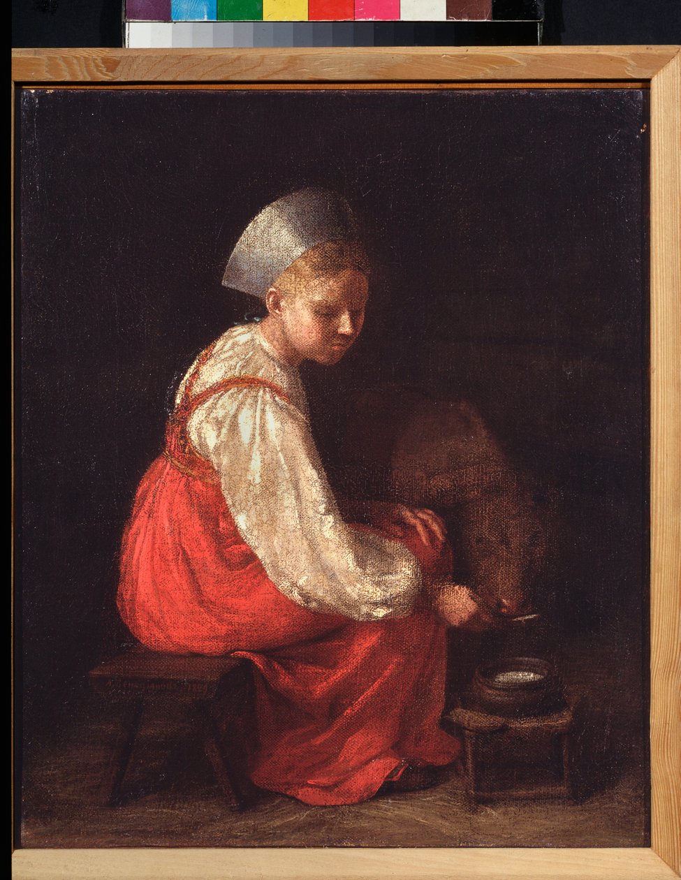 فتاة فلاحية ذات عجل - لوحة رسم أليكسي جافريلوفيتش فينيتسيانوف (1780-1847) ، زيت على قماش. بواسطة أليكسي جافريلوفيتش فينيسيانوف