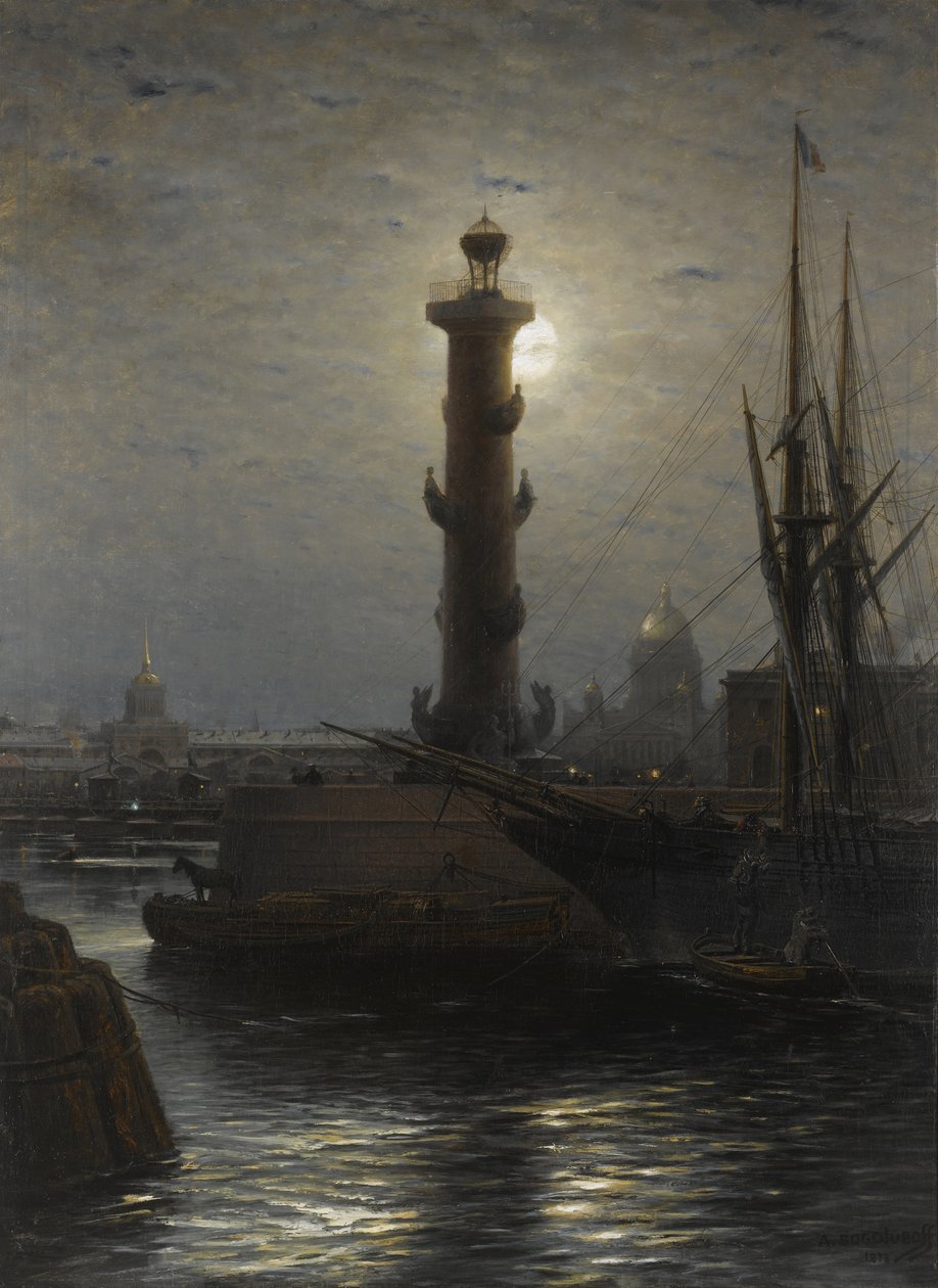 العمود Rostral بالقرب من بورصة الأوراق المالية في سانت بطرسبرغ ، 1878 بواسطة أليكسي بتروفيتش بوغوليوبوف