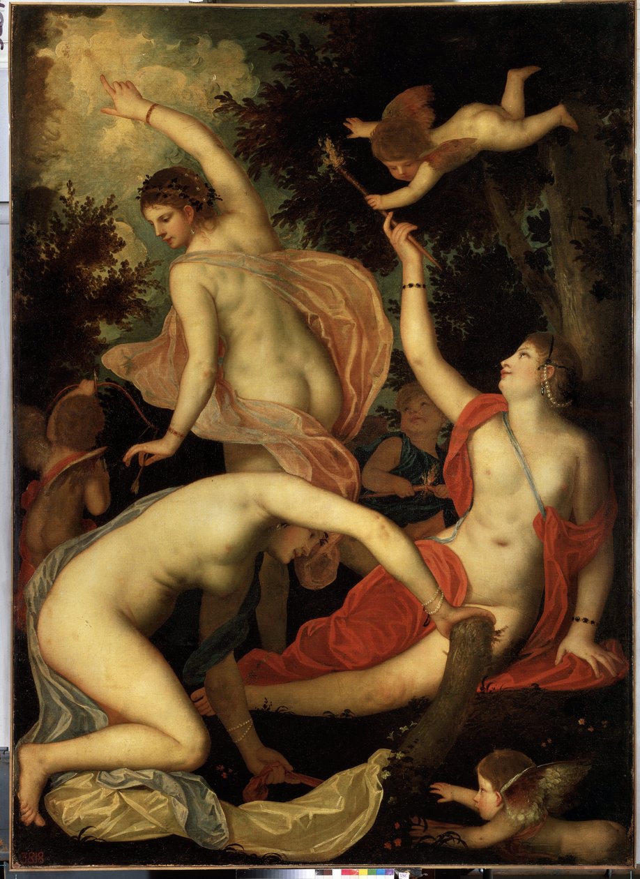 النعم و كيوبيد (النعم و كيوبيد). اللوحة التي رسمها أليساندرو فاروتاري المعروف باسم Il Padovanino (1588-1649). فن البندقية ، التصرف. زيت على قماش. متحف هيرميتاج ، سانت بطرسبرغ بواسطة اليساندرو فاروتاري
