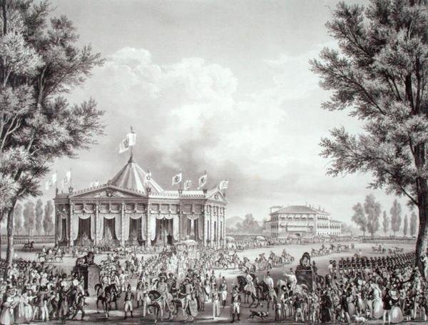 موكب يمر بالجناح الذي أقيم بمناسبة تتويج فرديناند الأول (1793-1875) بواسطة أليساندرو (بعد) سانكيريكو