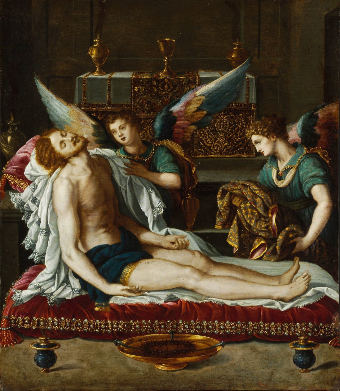 Le Corps du Christ oint par deux anges - The Body of Christ Anointed by Two Angels - Allori، Alessandro (1535-1607) - ca 1593 - Oil on Copper - 45x39 - Szepmuveszeti Muzeum، Budapest بواسطة اليساندرو ألوري