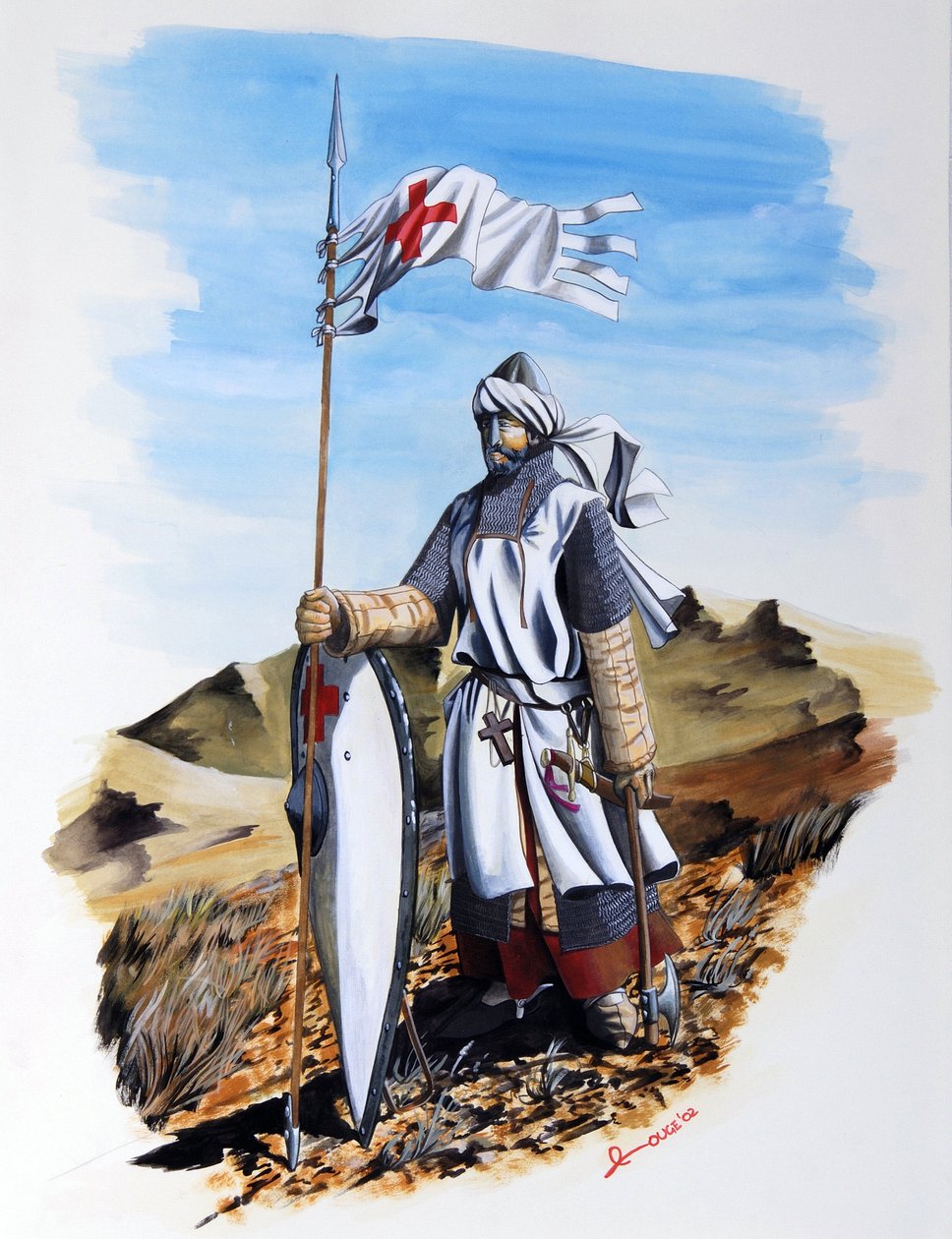 الحروب الصليبية: فارس من فرسان الهيكل يرتدي معطفاً أبيض مع الصليب الأحمر. رسم من قبل أليساندرو لوناتي بواسطة أليساندرو لوناتي