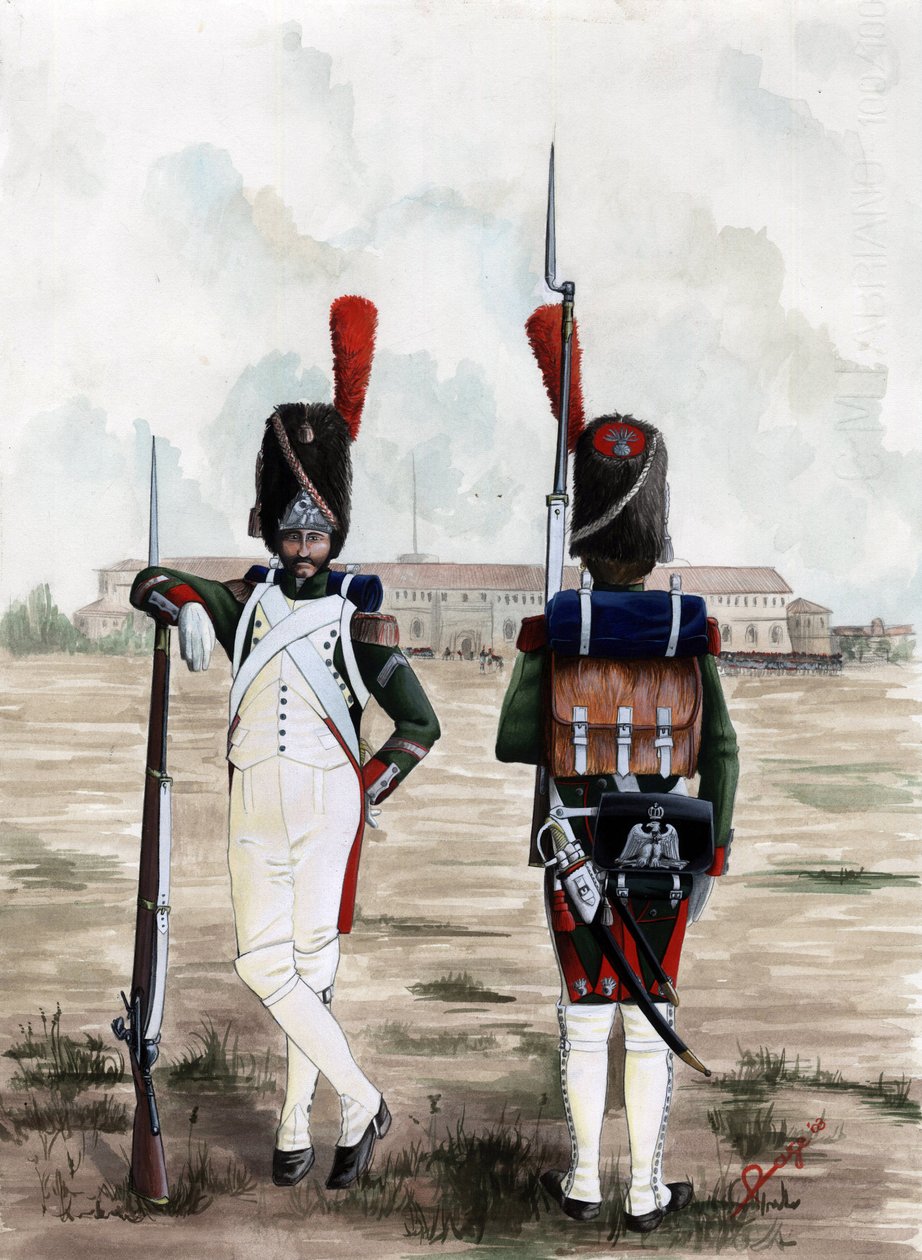 الإمبراطورية الأولى (1804-1814 و 1815): جنود غرينادير من الحرس الملكي لجيش نابليون العظيم في ساحة قلعة سفورزيسكو في ميلانو بإيطاليا. رسم أليساندرو لوناتي بواسطة أليساندرو لوناتي