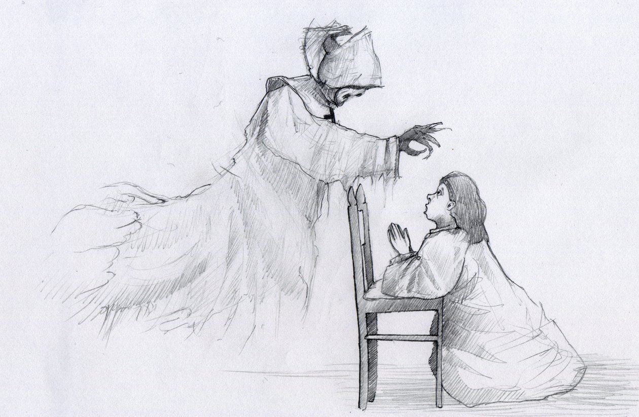 يظهر شبح راهبة مسنة بأيد ملتوية لفتاة صغيرة تصلي رسم توضيحي لأليساندرو لوناتي بواسطة أليساندرو لوناتي