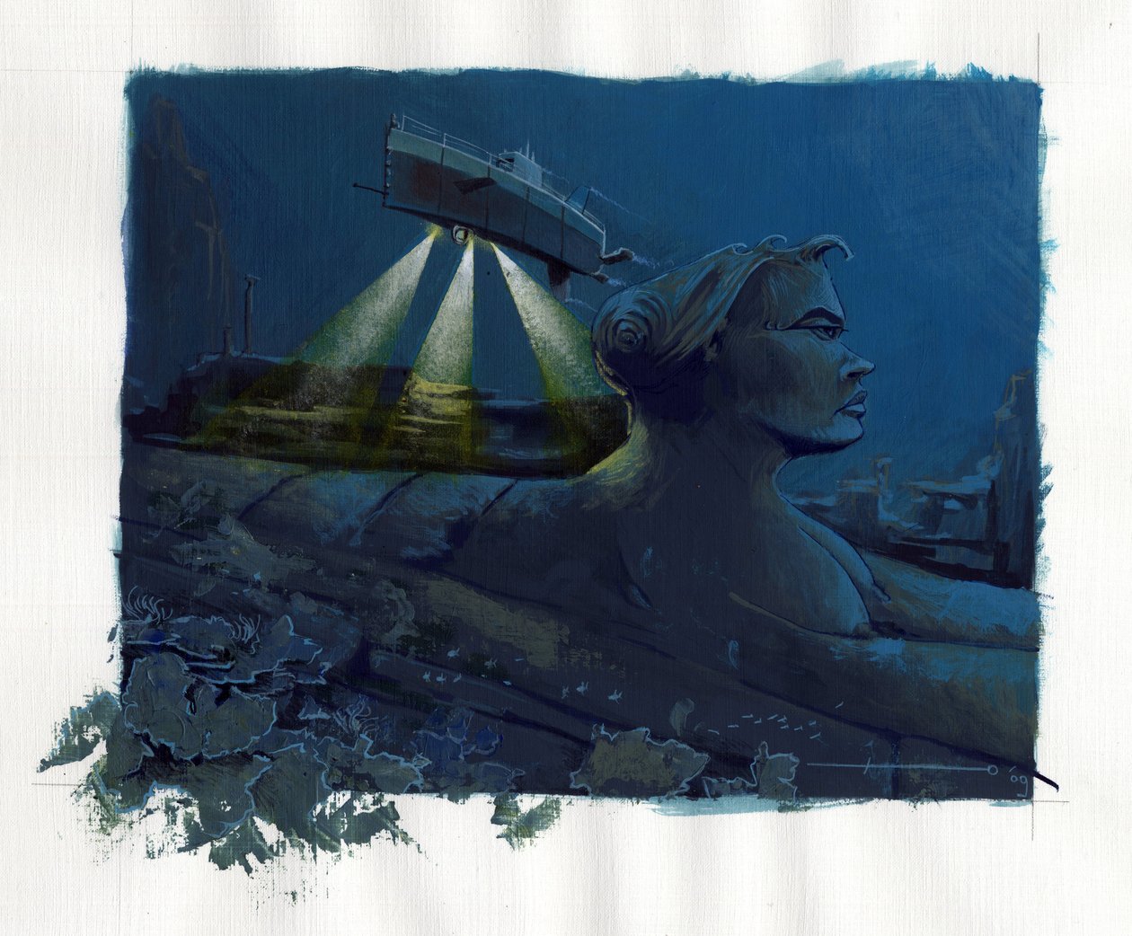 رسم توضيحي لأسطورة الجزيرة التي اختفت تحت بحر أتلانتس (أتلانتس): غواصة (غواصة) تستكشف القيعان وتكتشف أنقاض الجزيرة الأسطورية. الرسم الملون من قبل أليساندرو لوناتي. بواسطة أليساندرو لوناتي