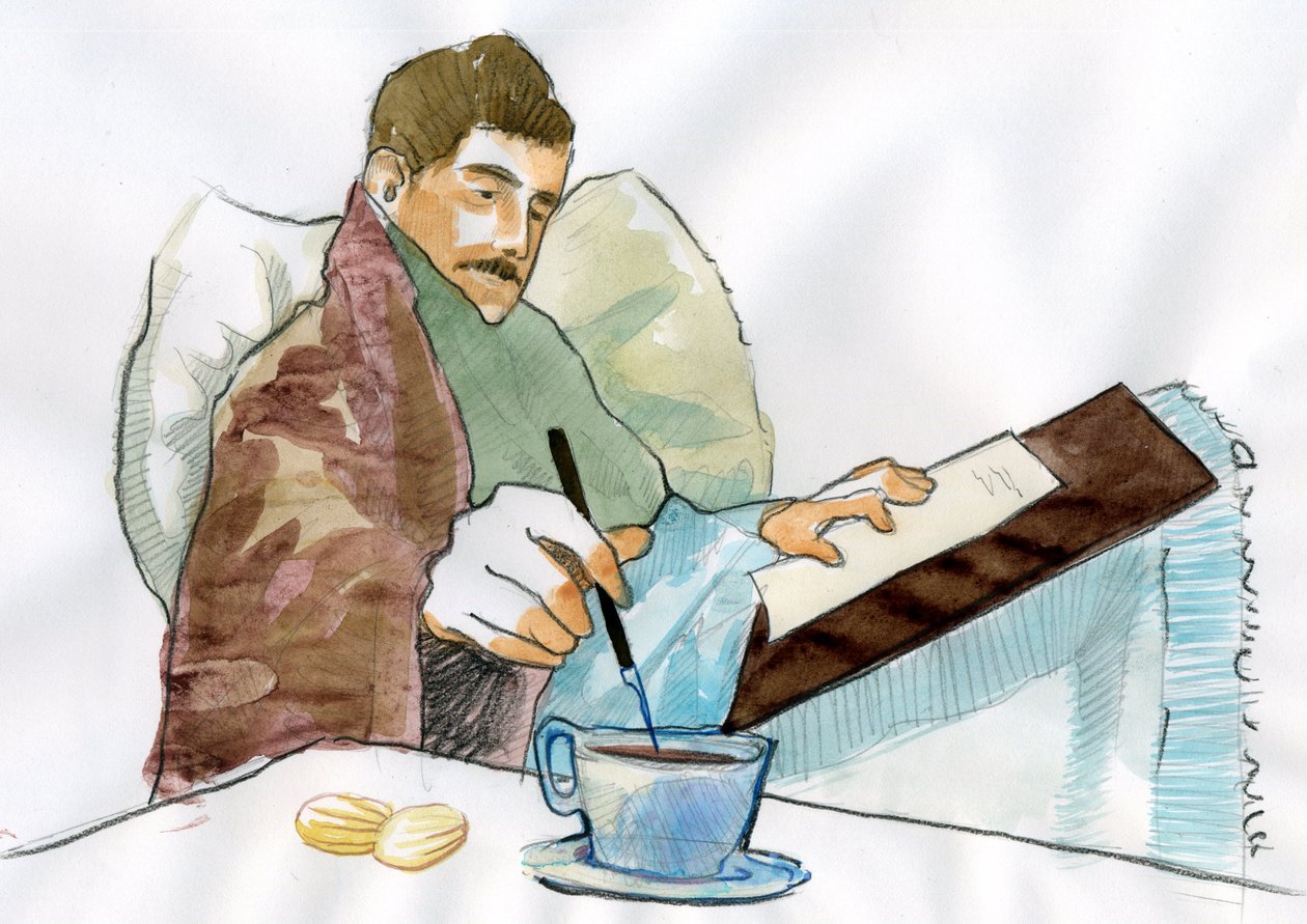 مارسيل بروست كرجل مريض يكتب مع شاي خالته إليزابيث (حبر على ورق) بواسطة أليساندرو لوناتي