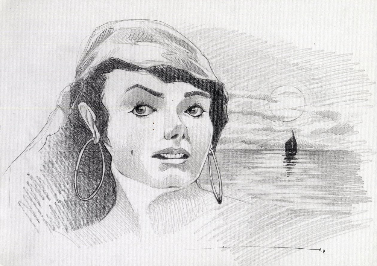 صورة لامرأة قرصنة من منطقة البحر الكاريبي (أو قرصنة) ، مع غروب الشمس في الأفق. رسم أليساندرو لوناتي. بواسطة أليساندرو لوناتي