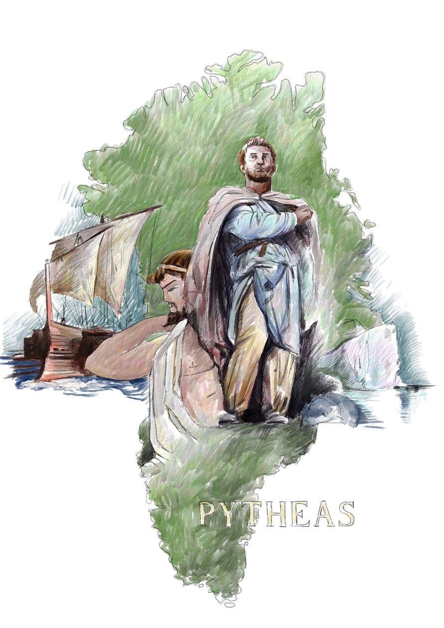 تمثيل المستكشف اليوناني Pytheas من Massalia ، القرن الرابع قبل الميلاد (صورة لجغرافي ومستكشف يوناني Pytheas of Massalia ، القرن الرابع قبل الميلاد) رسم بواسطة Alessandro Lonati بواسطة أليساندرو لوناتي