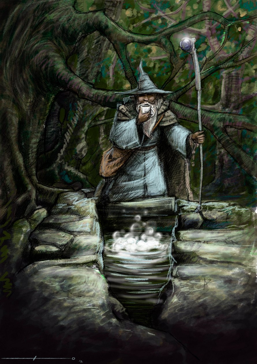 تمثيل كاهن يشرب على نافورة بارنتون الرائعة ، في غابة Broceliande - رسم لأليساندرو لوناتي - 2012 - بواسطة أليساندرو لوناتي