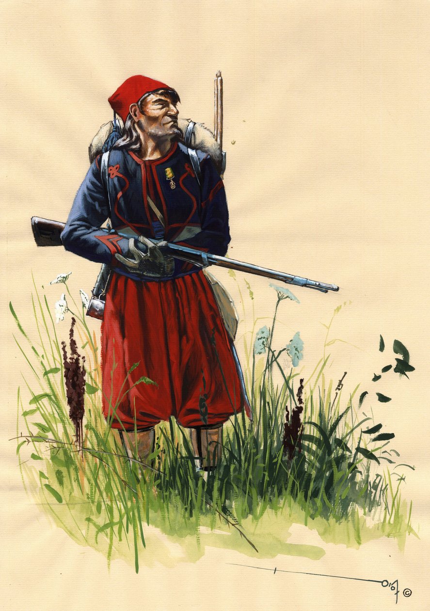 الإمبراطورية الثانية (1852-1870): جندي الزواف في جيش نابليون الثالث الفرنسي أثناء الحملة الإيطالية عام 1859 (معركة سولفرينو في 24 يونيو 1859 أو معركة ماجنتا في 4 يونيو 1859). رسم أليساندرو لوناتي بواسطة أليساندرو لوناتي