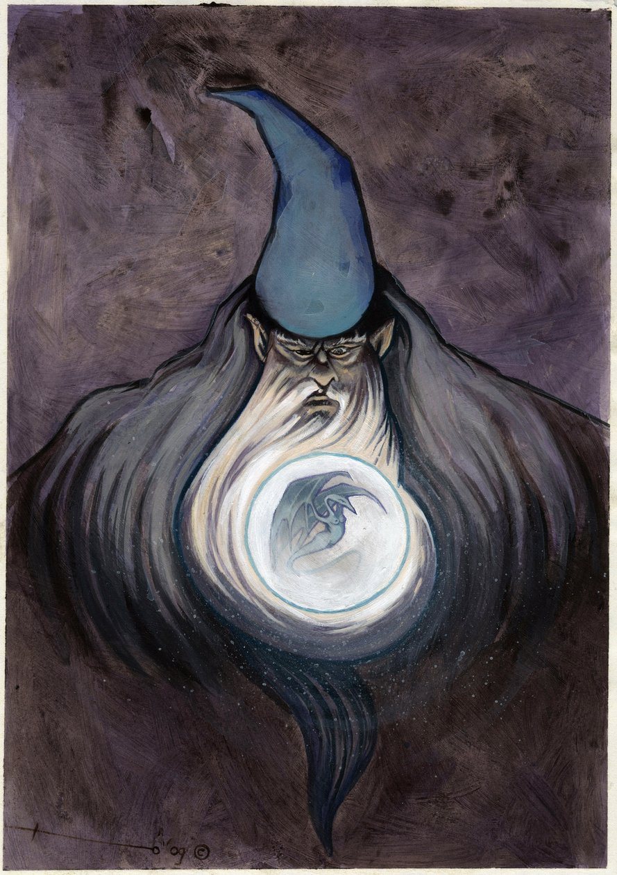 ساحر مع كرة يستدعي تنينًا. الرسم الملون من قبل أليساندرو لوناتي. بواسطة أليساندرو لوناتي