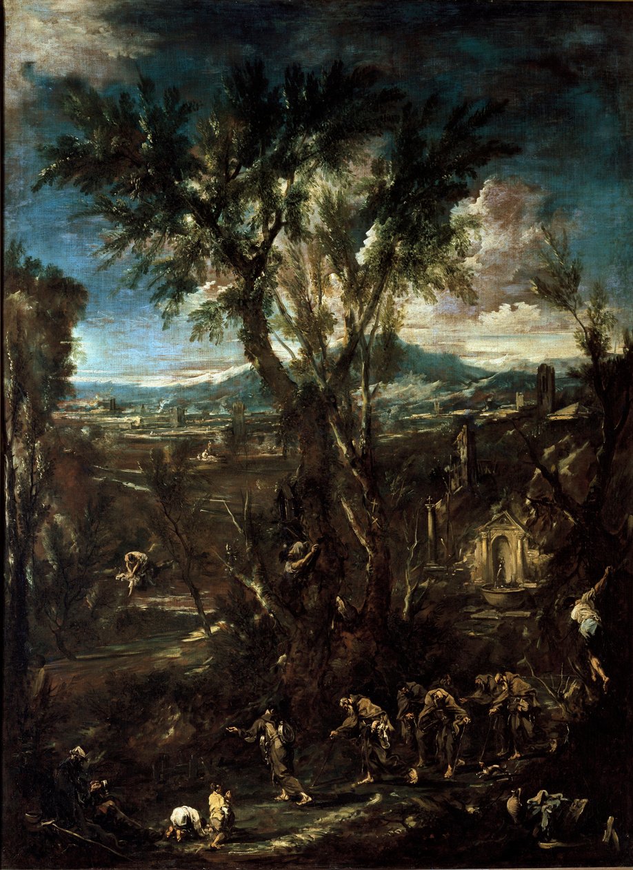 مناظر طبيعية رائعة مع الرهبان لوحة بواسطة أليساندرو ماجناسكو ديت إيل ليساندرينو (1667-1749) 1720 خافت. 237x175 سم بيناكوتيكا دي بريرا ميلان بواسطة اليساندرو ماجناسكو