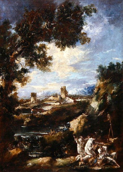 منظر طبيعي للرهبان الكرمليين يصلون عند مزار على جانب الطريق ، حوالي عام 1720 (زيت على قماش) بواسطة اليساندرو ماجناسكو