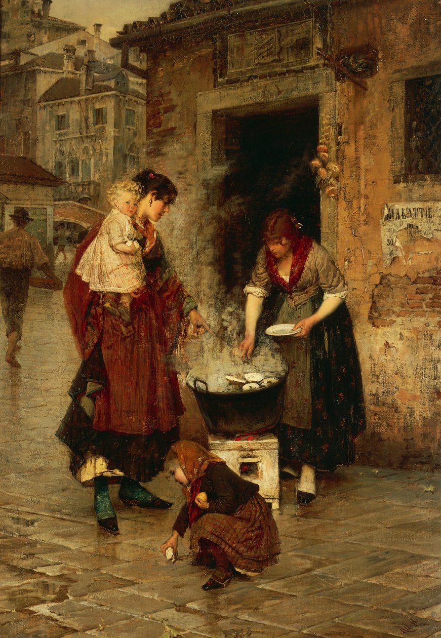 Clam seller in Venice, by Alessandro Milesi (1856-1945), oil on canvas, 91x65 cm. Italy, 20th century. بواسطة اليساندرو ميليسي