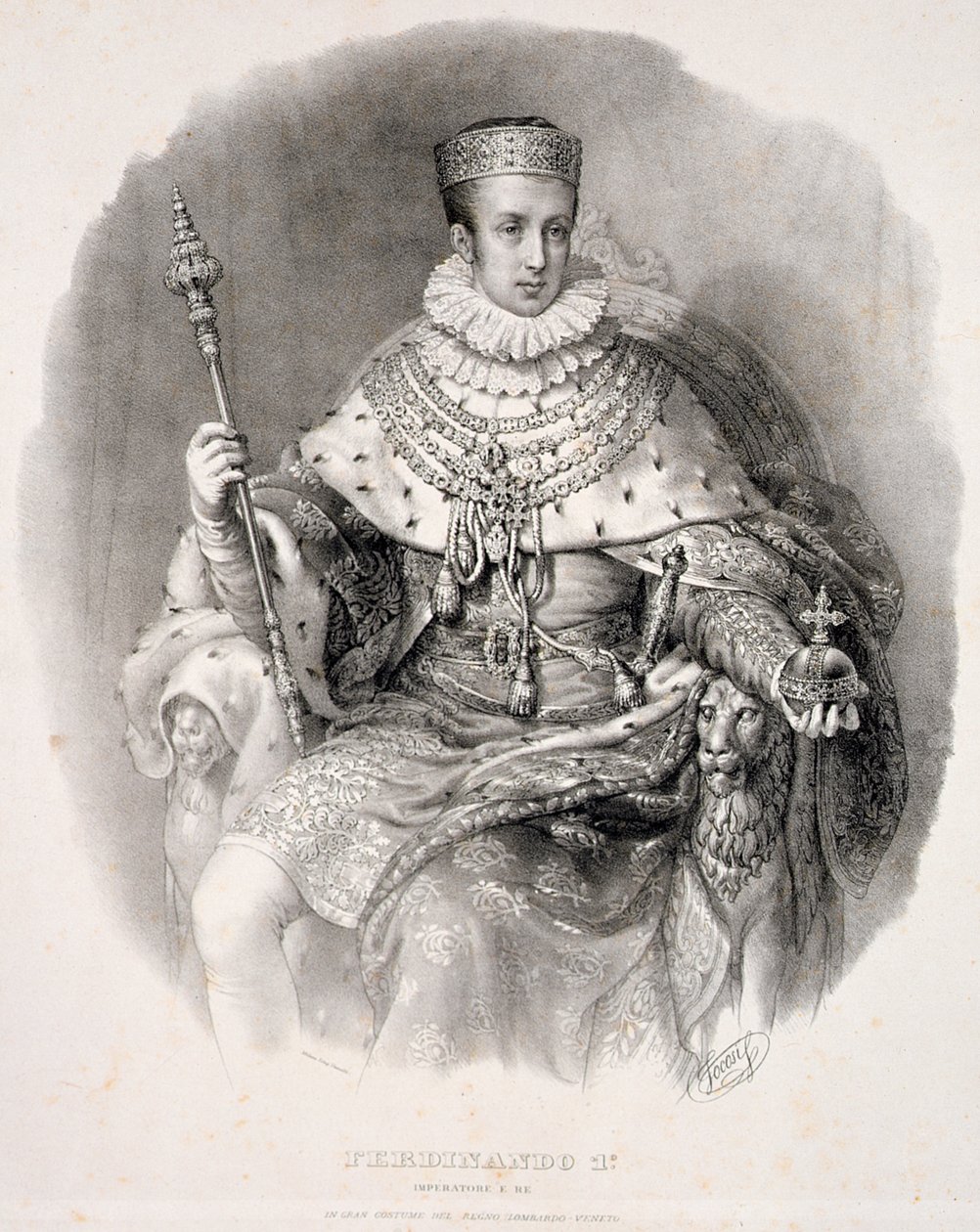 فرديناند الأول (1793-1875) ، ملك لومبارديا فينيسيا ، في أردية الدولة ، من "تتويج SMIRA فرديناندو الأول ، ملك مملكة لومبارد-فينيتو" ، نشر عام 1838 بواسطة اليساندرو سانكوريكو