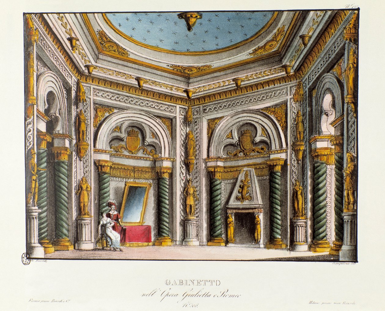 شقق جولييت الخاصة سينوغرافيا للأداء في تياترو كاركانو في عام 1829 لأوبرا "جولييتا إي روميو" (جولييت وروميو) (1796) لنيكولو أنطونيو زينجاريللي بعد قطعة "روميو وجولييت" "لوليام شكسبير. الطباعة الحجرية في "" Rac بواسطة اليساندرو سانكوريكو