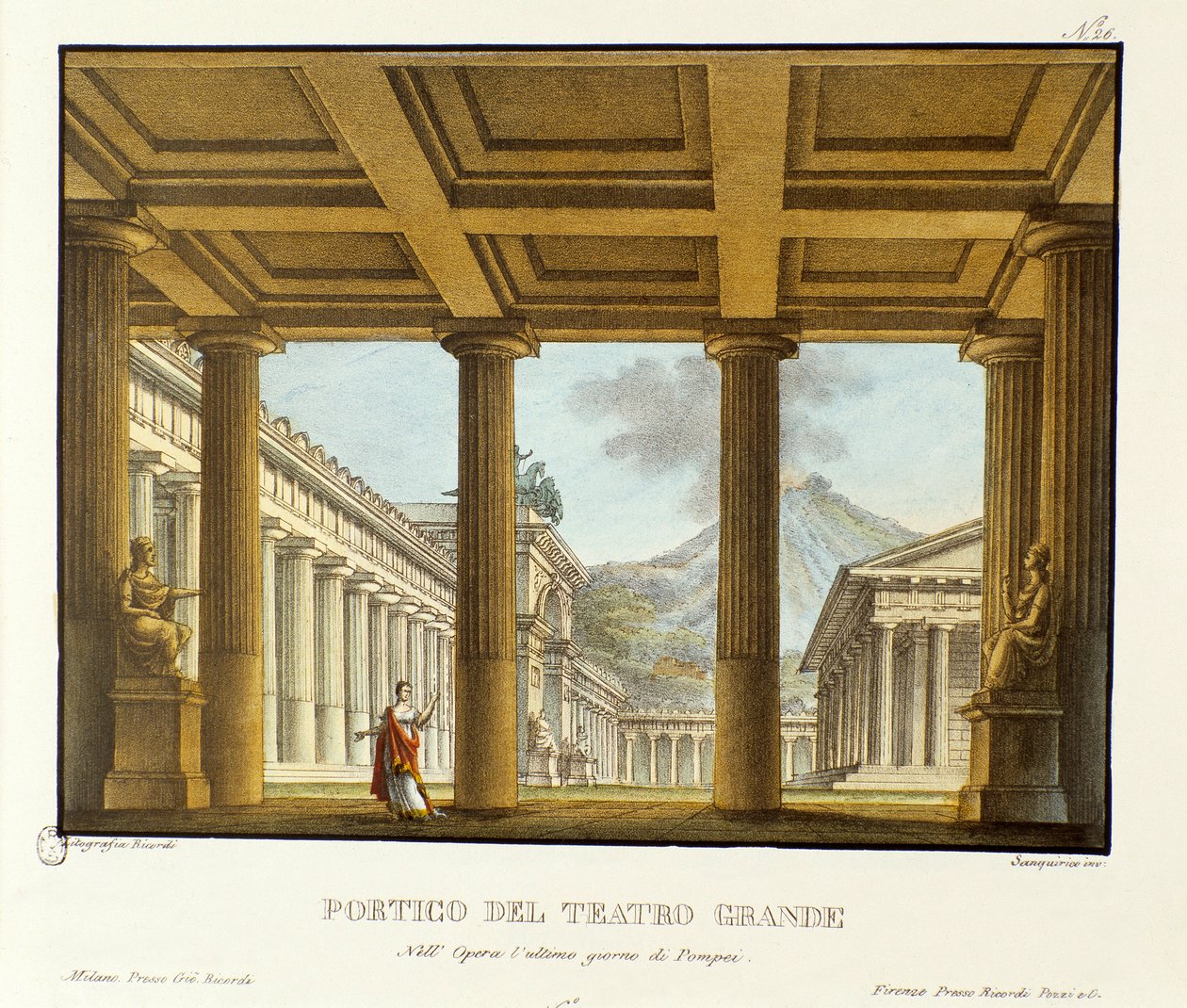 Portico of the Grand Theatre in Pompeii، في الخلفية سينوغرافيا Vesuve لأداء "أوبرا" L'Ultimo Giorno di Pompei "(آخر يوم لبومبي) لجيوفاني باتشيني الطباعة الحجرية في "" مجموعة اختراعات العيسى ذات المناظر الخلابة من عام 1830 بواسطة اليساندرو سانكوريكو
