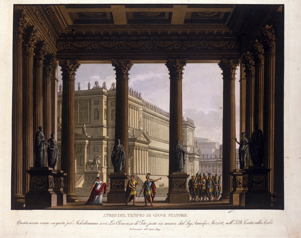 سينوغرافيا لأليساندرو سانكيريكو (1777-1849) لفيلم "كليمنس تيتو" للمخرج فولفغانغ أماديوس موزارت (1756-1791) يتسلق إلى لا سكالا في ميلانو عام 1819 ويمثل ردهة معبد جوبيتر ستاتور ستاتور: توقف سكستوس ؛ للحفاظ على فيترلي بواسطة اليساندرو سانكوريكو