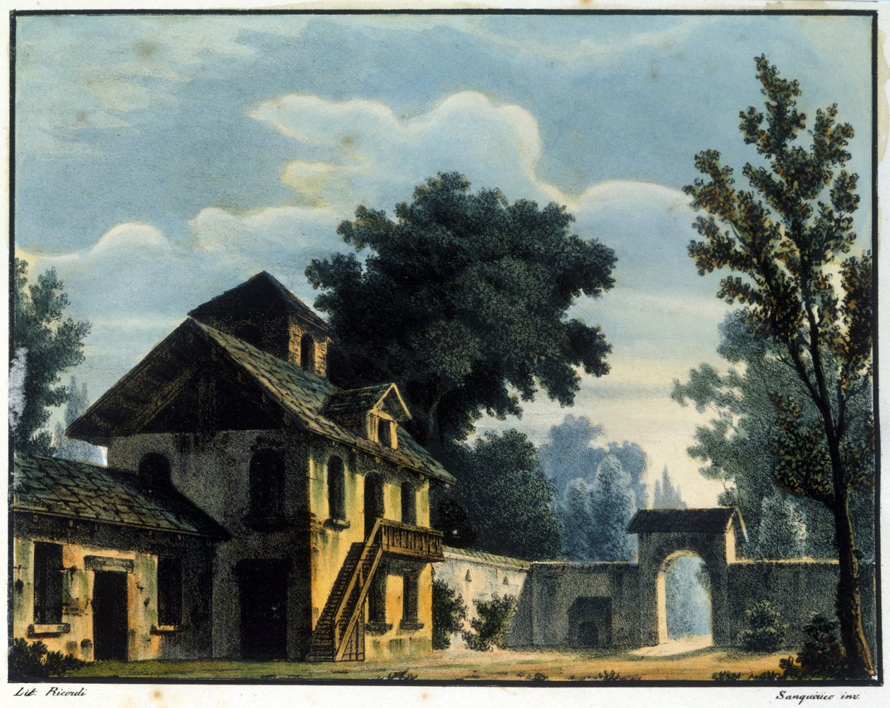 سينوغرافيا للمشهد الثاني من الفصل الثاني لأوبرا "L'elisir d'amore" (إكسير الحب) لغايتانو دونيزيتي (1797-1848) للأداء في مسرح ديلا كانوبيانا في ميلانو في 12/05/1832. رسم أليساندرو سانكيريكو (1777-1849) بواسطة اليساندرو سانكوريكو