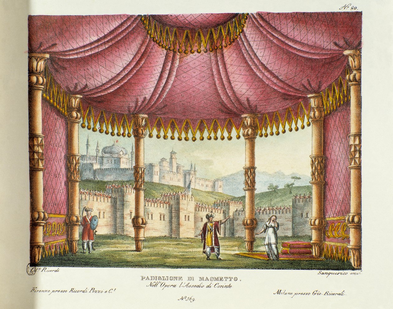 سينوغرافيا جناح محمد (الفصل الثاني) للأداء في مسرح ألا سكالا في ميلانو عام 1829 لأوبرا "حصار كورنث" (أو حصار كورنث) لجيوشينو روسيني (أو جيواتشينو) (1826). الطباعة الحجرية في "" مجموعة الاختراعات بواسطة اليساندرو سانكوريكو
