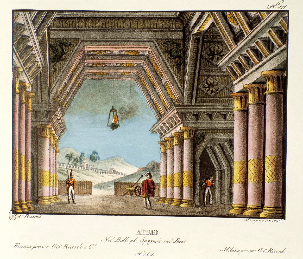 View of a large palace room Scenography for the ballet “” Gli spagnoli nel Peru”” by Italian choreographer Giovanni Galzerani (1780-1865) (1828). Lithography in “” Raccolta di invenzioni sceniche del 1830 di Alessandro Sanquirico (1777-1849)””. Milanese pr بواسطة اليساندرو سانكوريكو