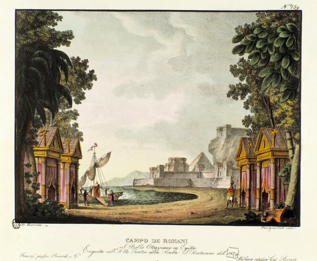 منظر لسينوغرافيا المعسكر الروماني لرقصة الباليه "" أوكتافيان في مصر "لمصمم الرقصات الإيطالي جيوفاني جالزراني (1780-1865) (1828). الطباعة الحجرية في "" مجموعة الاختراعات ذات المناظر الخلابة لعام 1830 بواسطة أليساندرو سانكيريكو (1777 بواسطة اليساندرو سانكوريكو