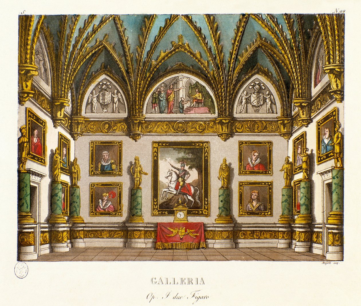 View of the gallery decoree of paintings Scenography for the opera “” I due figaro””” by the Italian composer Giuseppe Saverio Raffaele Mercadante (1795-1870), after the piece “” The two figaros or the Subject of comedie”” (1794) by Honore Francois Richaud بواسطة اليساندرو سانكوريكو