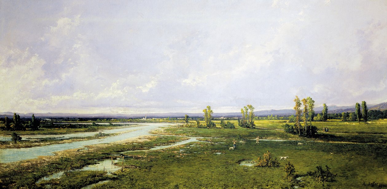 الصيد على مجرى نهر بيافي في بيلونو ، رسم لأليساندرو سيفر (1832-1905) ، زيت على قماش بواسطة أليساندرو سيفر جويرا