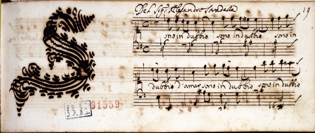 أنا في شك في الحب ... ورقة موسيقية مكتوبة بخط اليد من قبل أليساندرو ستراديلا (1644 - 1682) ملحن إيطالي. مكتبة Estense مودينا بواسطة أليساندرو ستراديلا