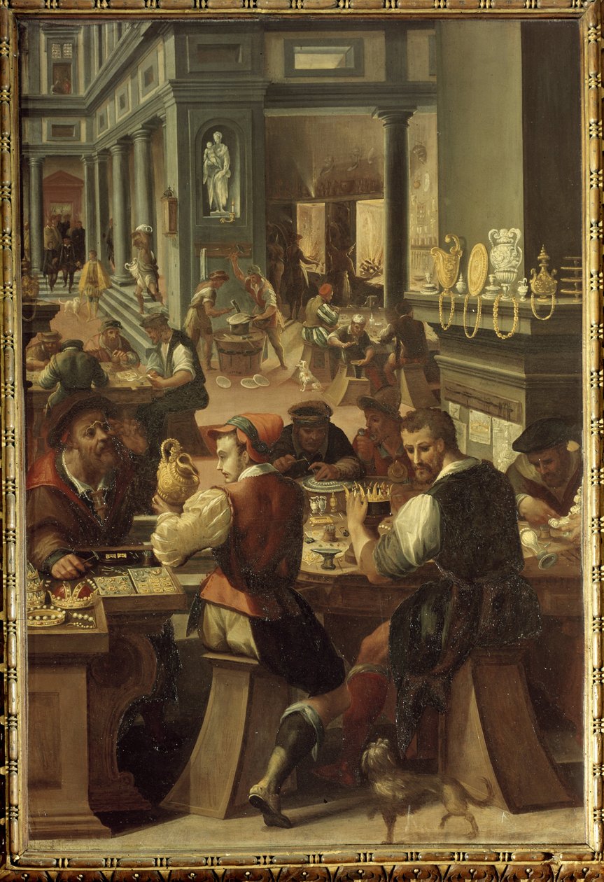 Manierism: ورشة صياغة الذهب (La Bottega dell'orefice) (ورشة الجواهريين) في Studiolo de Francois I de Medici في Palazzo Vecchio (Palazzo della Signoria) (1570) في فلورنسا. لوحة لأليساندرو فاي ديت إيل باربيير (فلورنسا بواسطة اليساندرو دي فينشنزيو فاي