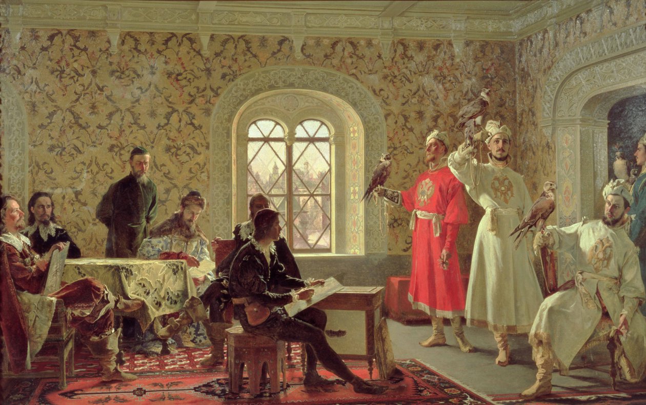 السفير الإيطالي كالفوتشي يرسم صقور القيصر أليكسي ميخائيلوفيتش (1629-76) 1889 بواسطة ألكسندر ديميتريفيتش ليتوفتكينكو