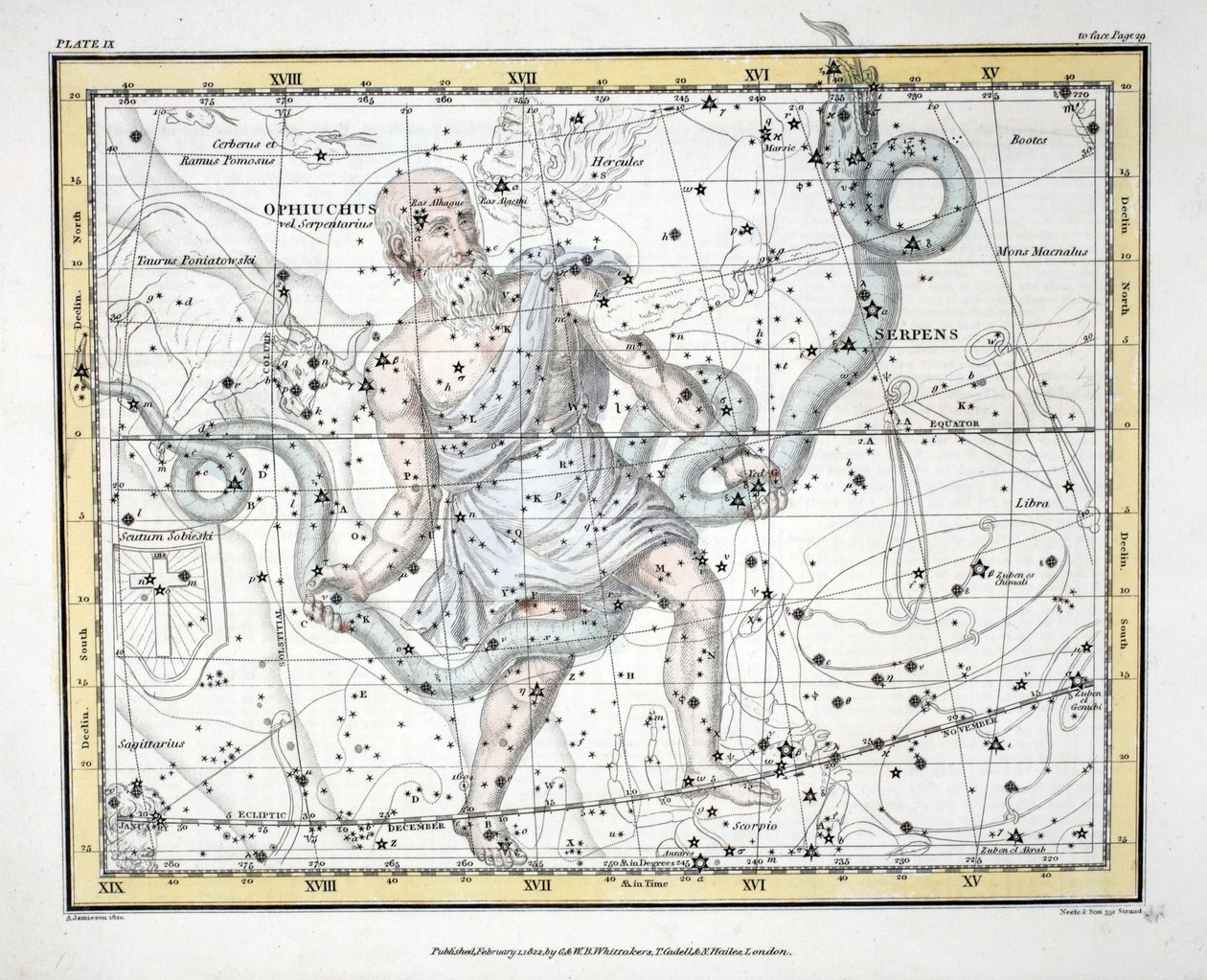 الكواكب (اللوحة التاسعة) Olphiuchus ، أو Serpentarius ، و Serpens ، من "أطلس سماوي" تأليف ألكسندر جاميسون ، حانة. لندن 1822 (النقش اليدوي) بواسطة ألكسندر جاميسون