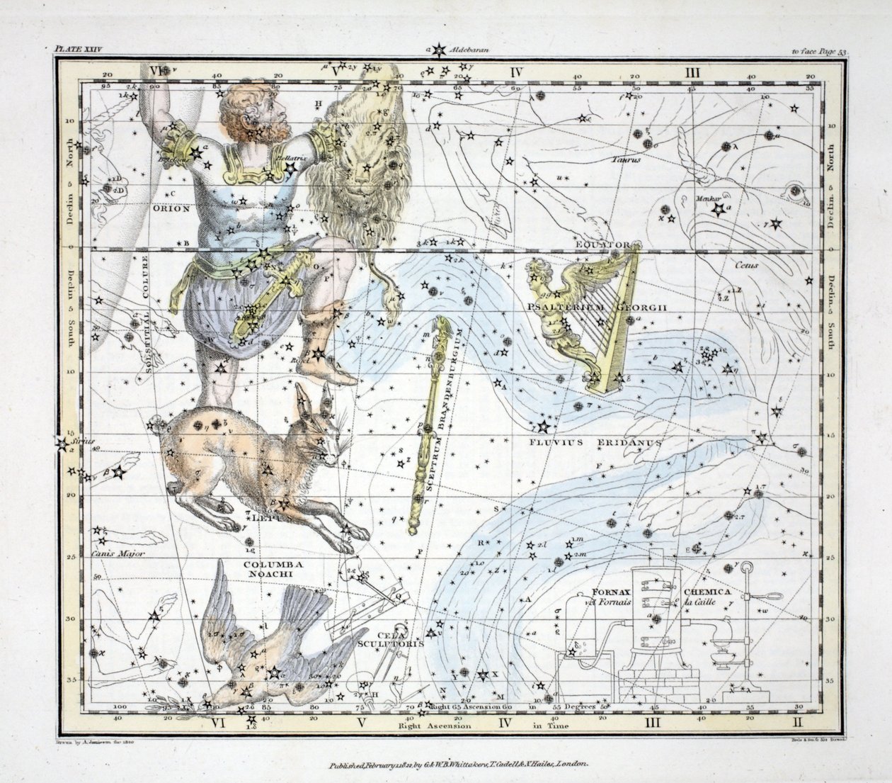 الأبراج (اللوحة 24) تيار من كوكبة الجبار. Lepus Noah-Col، Kitchen، Clock، Carina Pictorius، Brandenberg Sceptre، from &39;Celestial&39; B بواسطة ألكسندر جاميسون